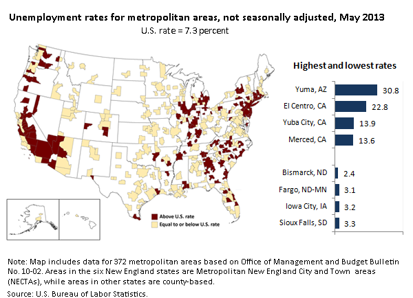Unemployment rates for metropolitan areas, not seasonally adjusted, May 2013