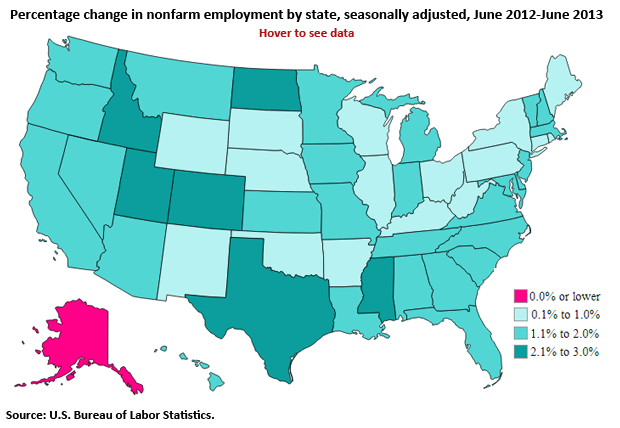 Percentage change in nonfarm employment by state, seasonally adjusted, June 2012&ndas;June 2013