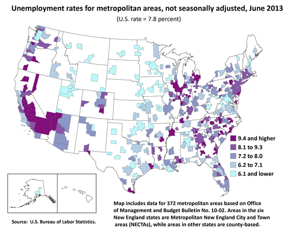 Unemployment rates for metropolitan areas, not seasonally adjusted, June 2013