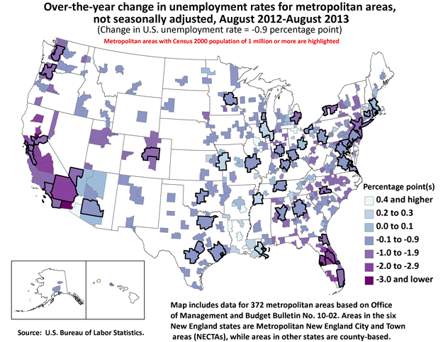 Over-the-year change in unemployment rates for metropolitan areas, not seasonally adjusted, August 2012-August 2013