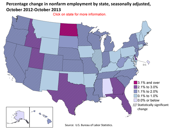 Percentage change in nonfarm employment by state, seasonally adjusted, October 2012-Octobery 2013