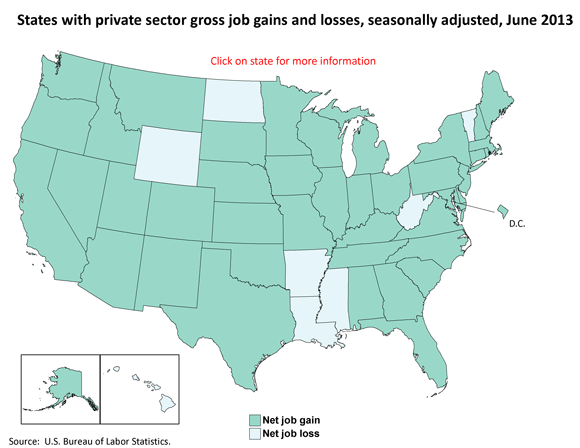 States with private sector gross job gains and losses, seasonally adjusted, June 2013