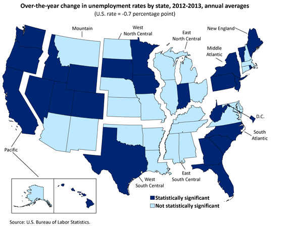 Over-the-year change in unemployment rate by state, 2012-2013, annual averages