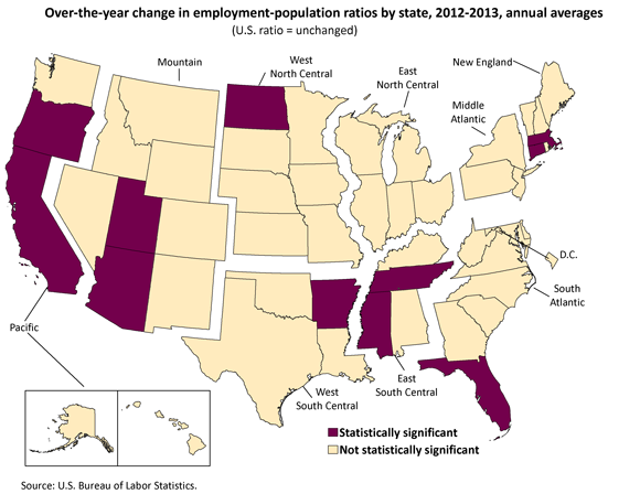 Over-the-year change in employment-population ratios by state, 2012-2013, annual averages