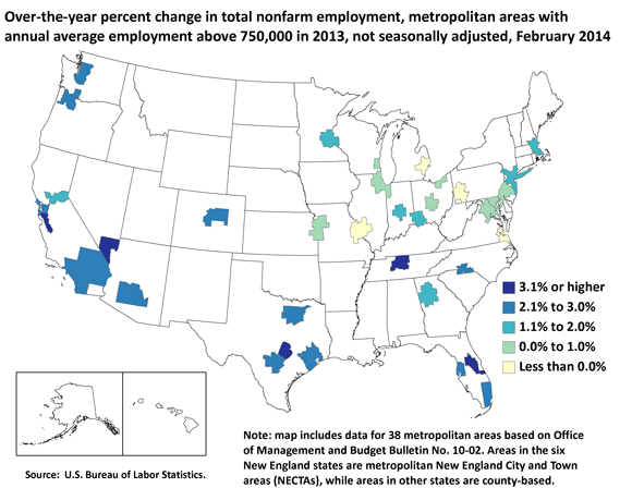 Over-the-year percent change in total nonfarm employment, metropolitan areas with annual average employment above 750,000 in 2013, not seasonally adjusted, February 2014