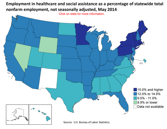 Employment in healthcare and social assistance as a percentage of statewide total nonfarm employment, May 2014