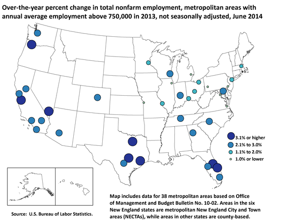 Over-the-year percent change in total nonfarm employment, metropolitan areas with annual average employment above 750,000 in 2013, not seasonally adjusted, June 2014