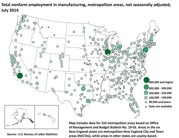 Total nonfarm employment in manufacturing, metropolitan areas, not seasonally adjusted, July 2014