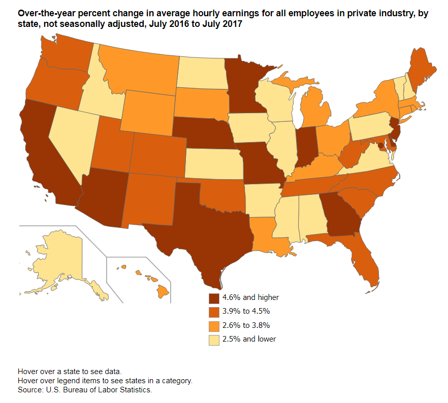 A data chart image of Delaware had highest percentage increase in average hourly earnings from July 2016 to July 2017