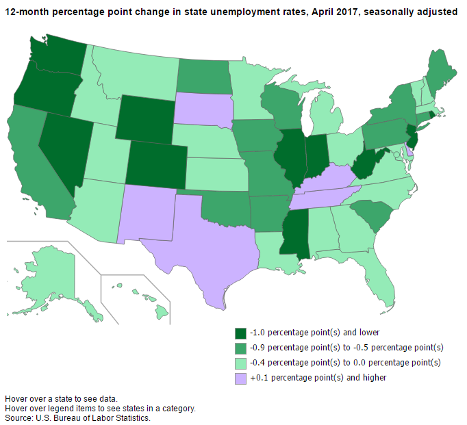 A data chart image of Illinois, Oregon, West Virginia, Wyoming have largest 12-month jobless rate drops in April 2017