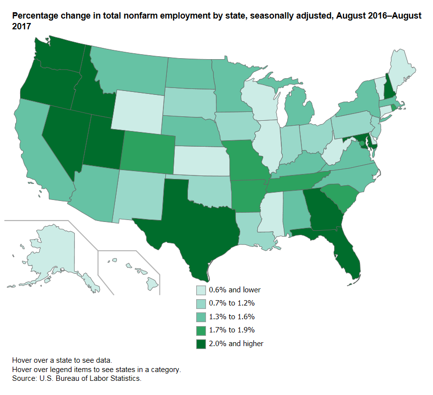 A data chart image of Nevada, Georgia, Florida, Utah, and Texas had largest percent job gains for year ending August 2017