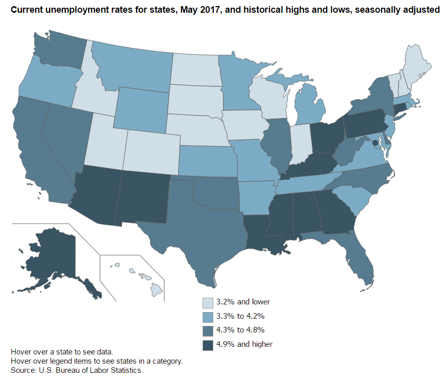 A data chart image of Seven states at historically low unemployment rates in May 2017