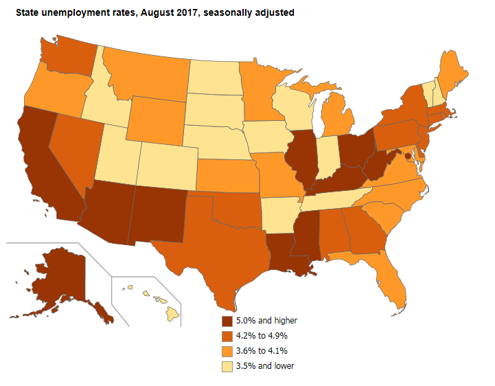 A data chart image of Three states at historically low unemployment rates in August 2017