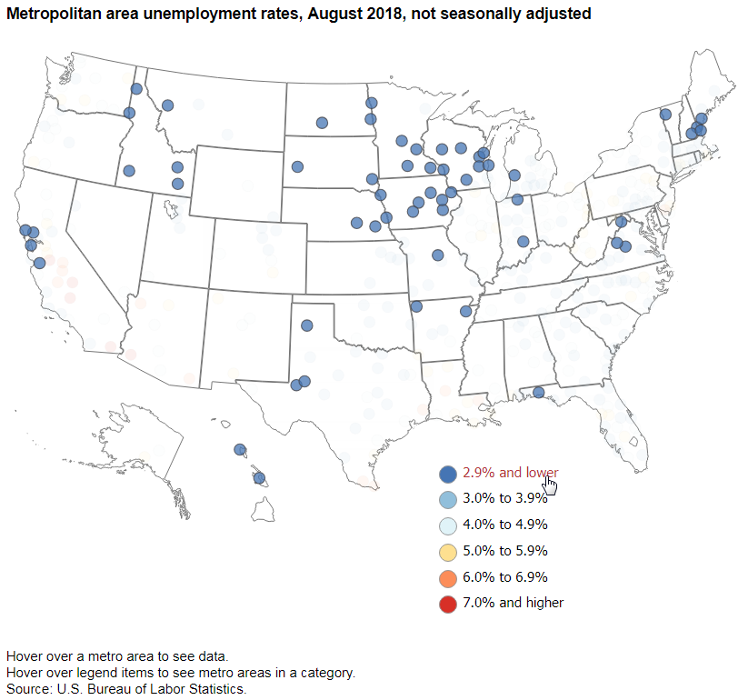 A data chart image of 57 metro areas had unemployment rates lower than 3.0 percent in August 2018
