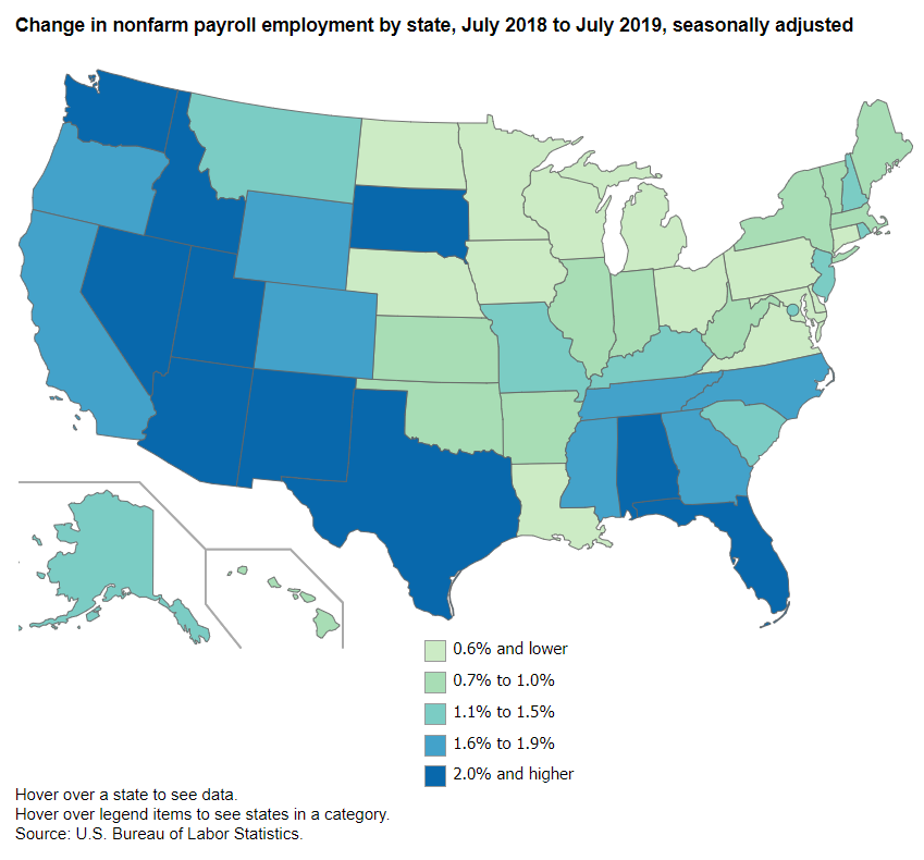 A data chart image of 25 states added jobs from July 2018 to July 2019