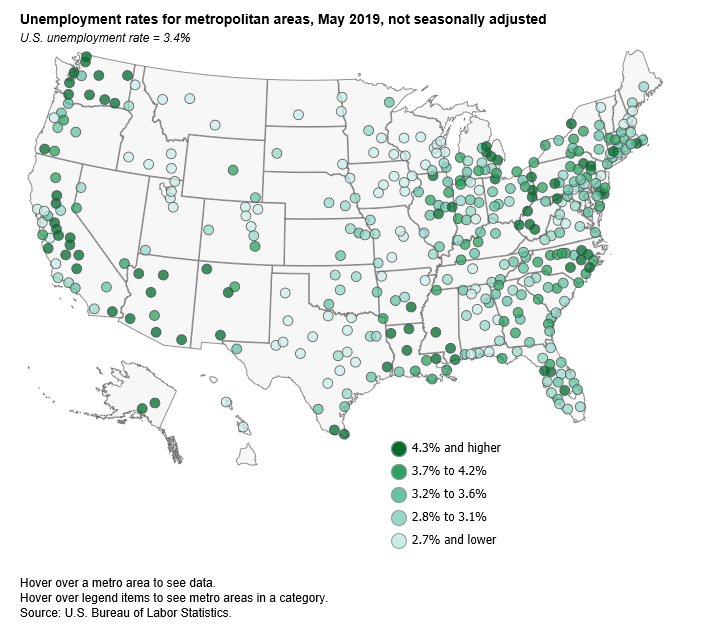 A data chart image of Ames, Iowa, and Burlington-South Burlington, Vermont, had lowest unemployment rates in May 2019