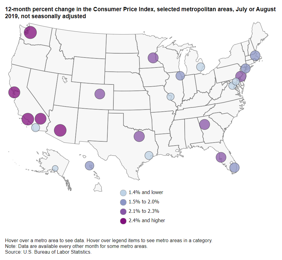 A data chart image of Consumer price changes in major metro areas, Summer 2018 to Summer 2019