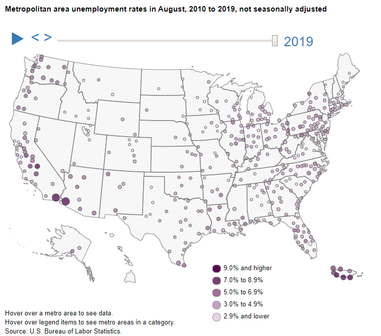 A data chart image of Portland-South Portland, Maine, had the lowest unemployment rate in August 2019