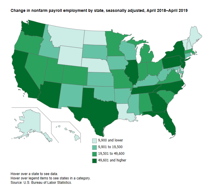 A data chart image of Twenty-nine states had over-the-year increases in nonfarm payroll employment in April 2019