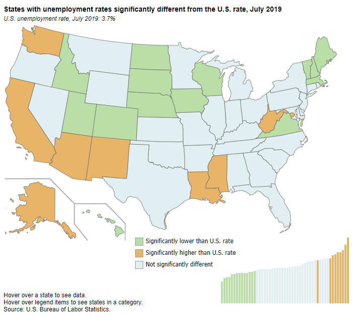 A data chart image of Unemployment rate lowest in Vermont, highest in Alaska, July 2019