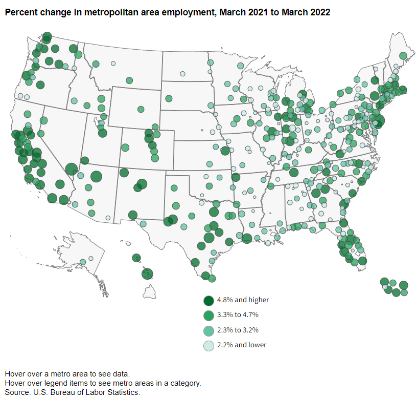 A data chart image of Employment increased over the year in 147 metropolitan areas in March 2022