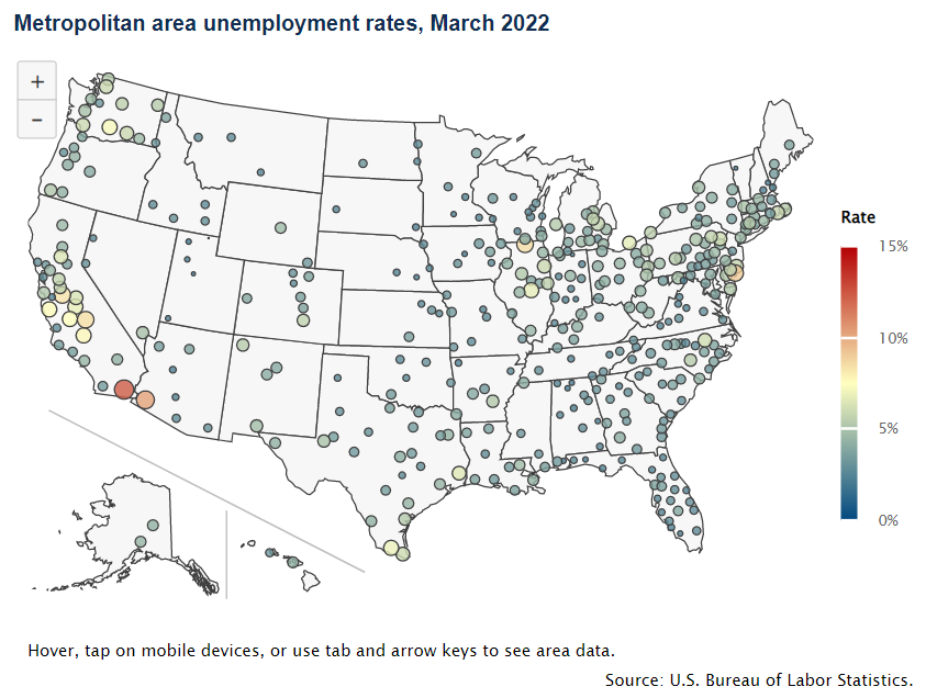 A data chart image of Unemployment rates lower in 386 metropolitan areas in March 2022 than a year earlier