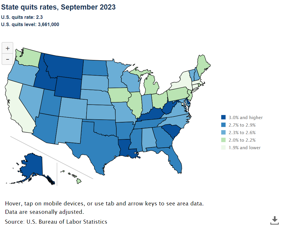 A data chart image of 36 states had quits rates equal to or higher than the national rate of 2.3 percent