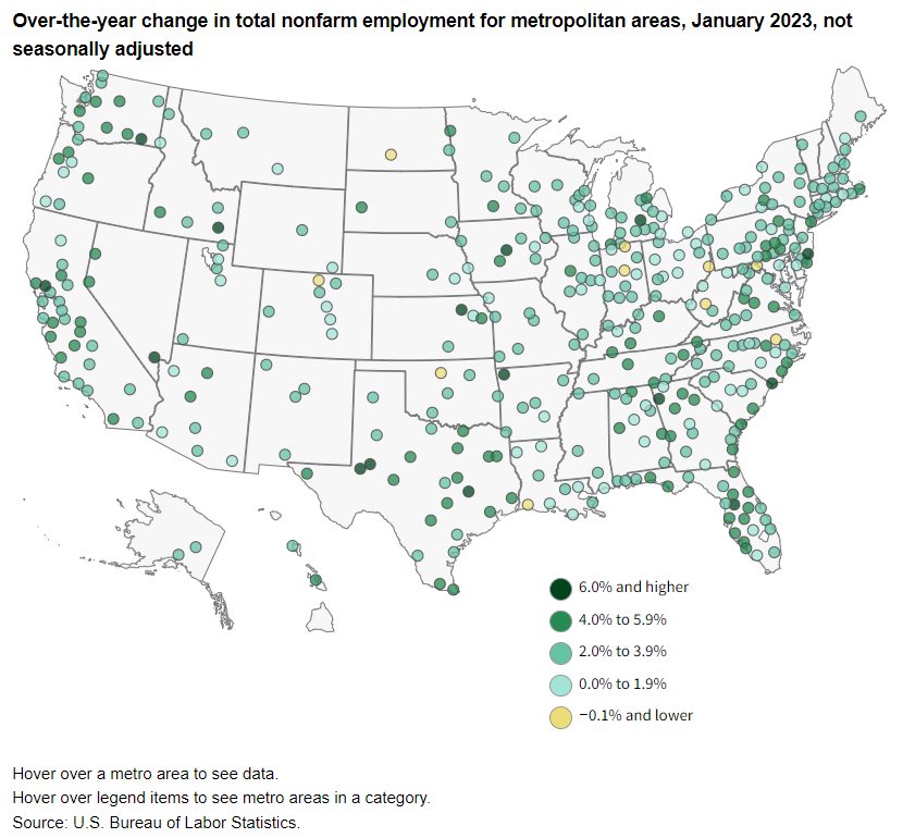 A data chart image of Employment in Midland, Texas, up 11.4 percent from January 2022 to January 2023