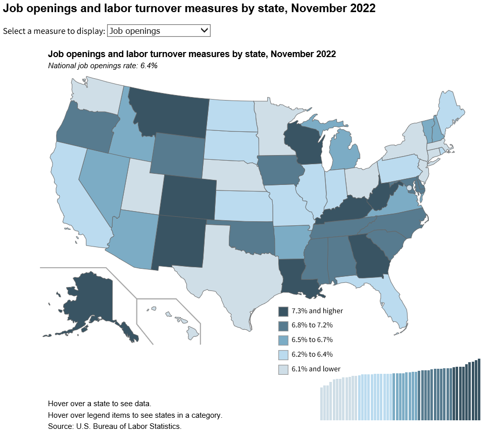 A data chart image of Louisiana had the highest job openings rate in November 2022
