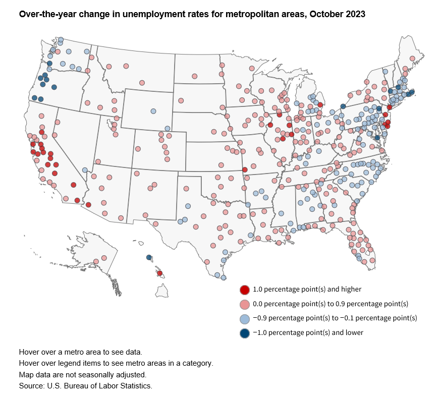 A data chart image of Unemployment rates higher in 223 metro areas in year ended October 2023