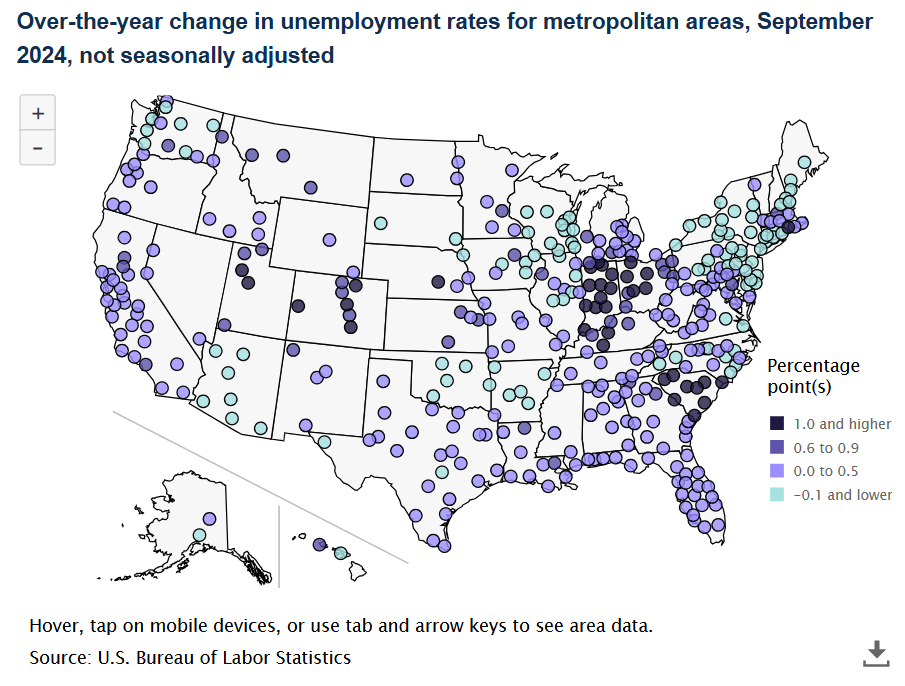 A data chart image of Unemployment rates up over the year ending September 2024 in 260 metro areas