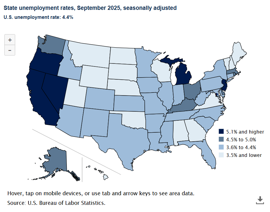 A data chart image of 18 states had unemployment rate increases from September 2024 to September 2025