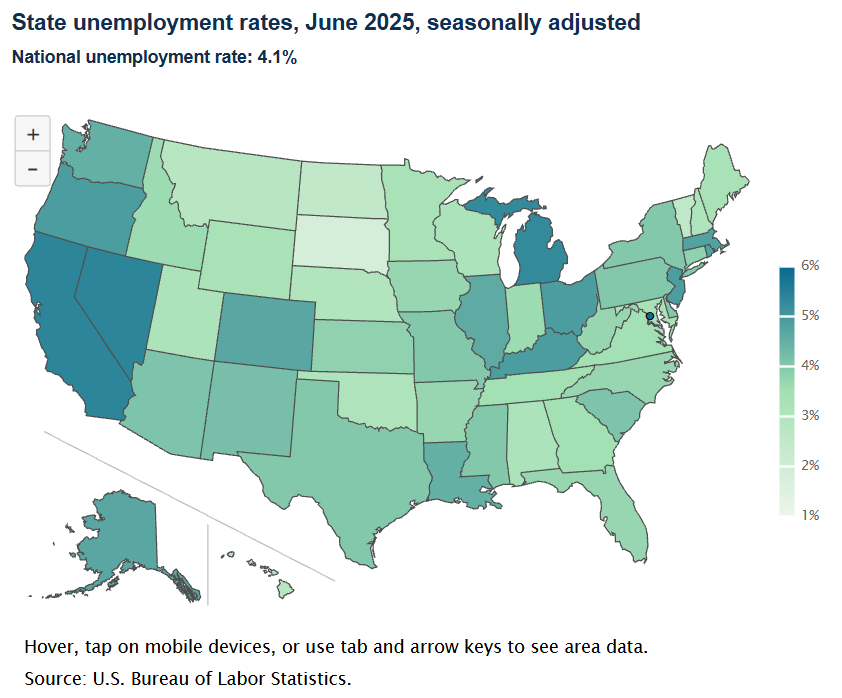 A data chart image of 18 states had unemployment rates below national average in June 2025