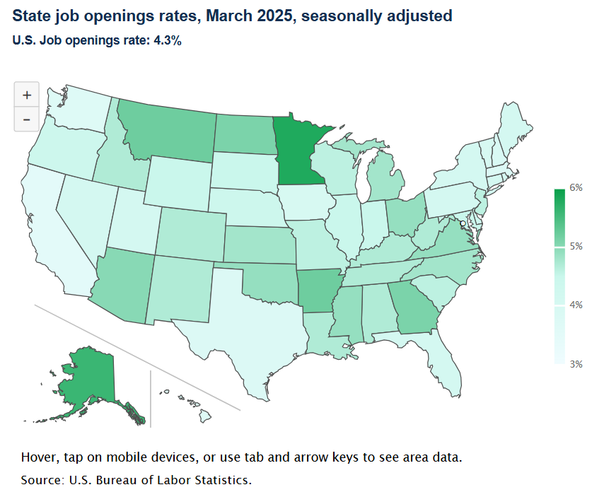 A data chart image of 34 states had job openings rates equal to or higher than the national rate of 4.3 percent in March