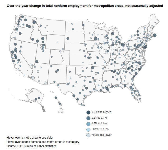 A data chart image of Employment up in 23 metro areas, down in 1 area, over the year ended March 2025