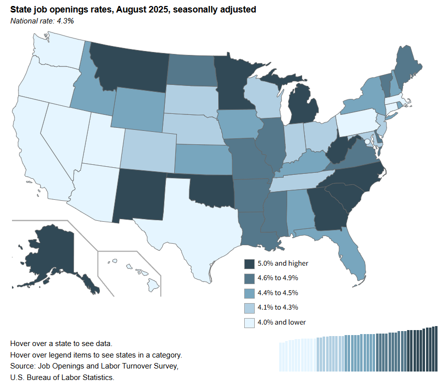 A data chart image of Job openings rates increased in 2 states in August 2025