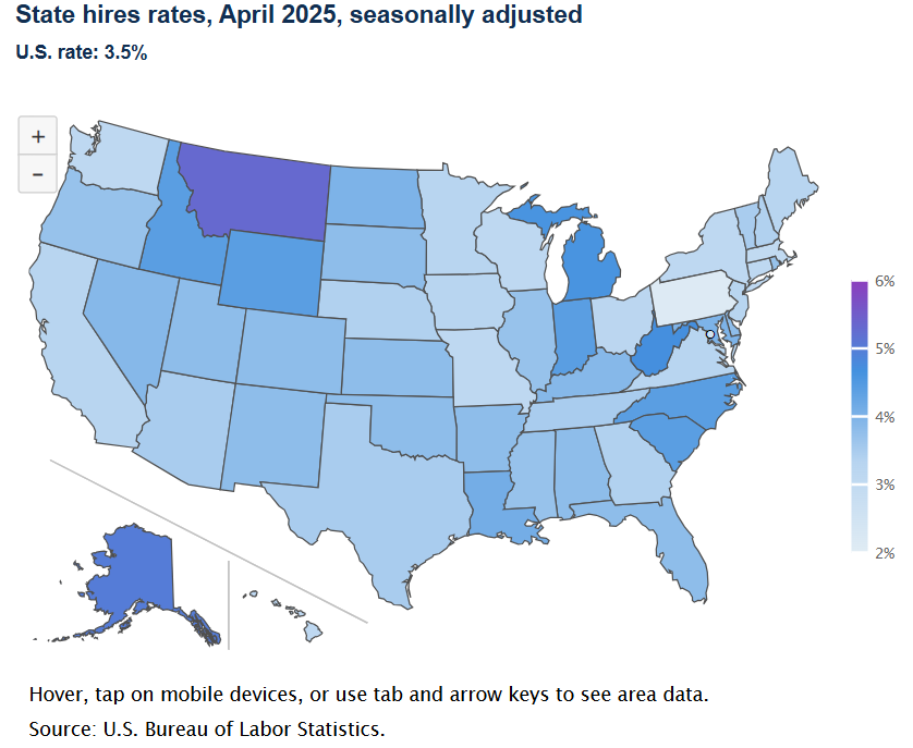 A data chart image of Montana leads in hires rates at 5.3 percent, April 2025