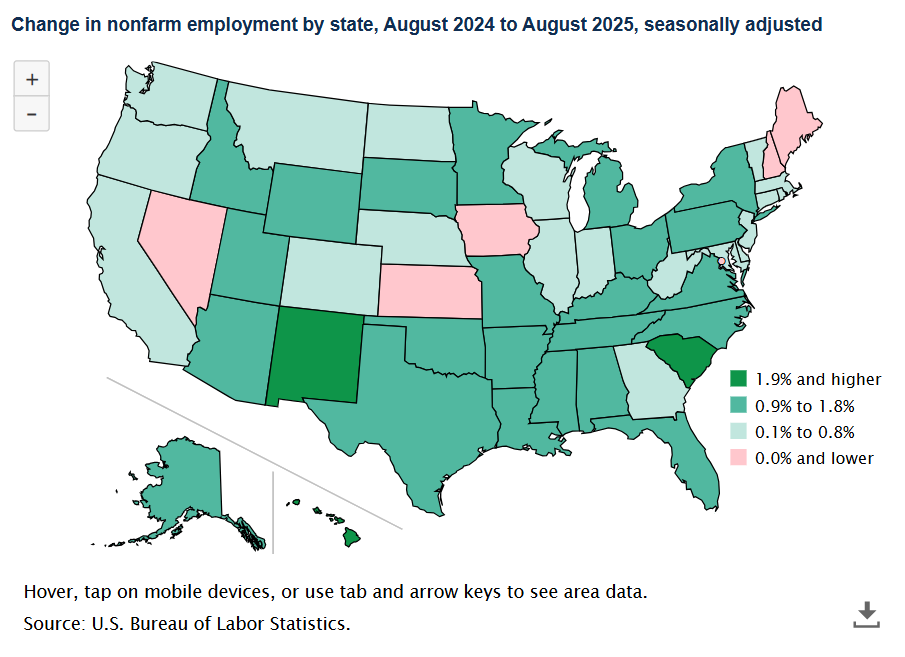 A data chart image of Nonfarm payroll employment up in 20 states from August 2024 to August 2025