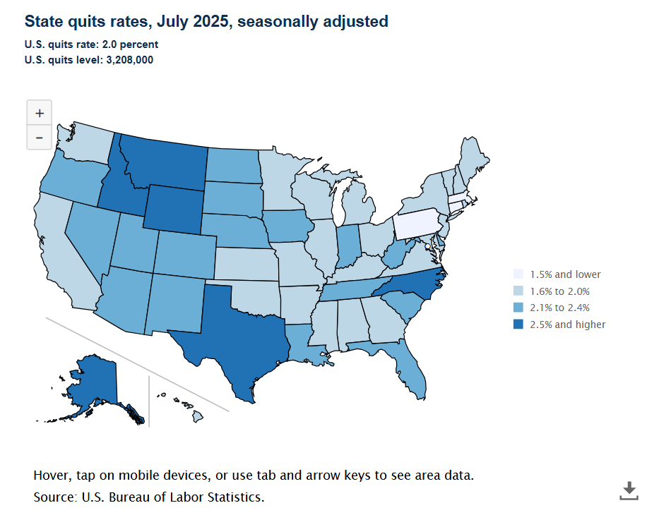 A data chart image of Quits rates were 2.5 percent or higher in 6 states in July 2025