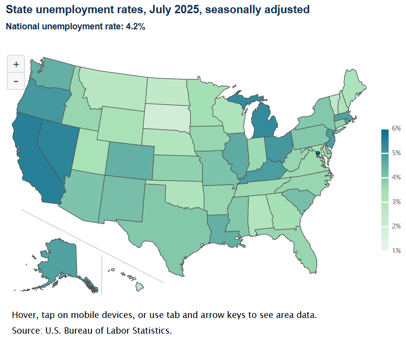 A data chart image of The District of Columbia had the highest unemployment rate in July 2025 at 6.0 percent