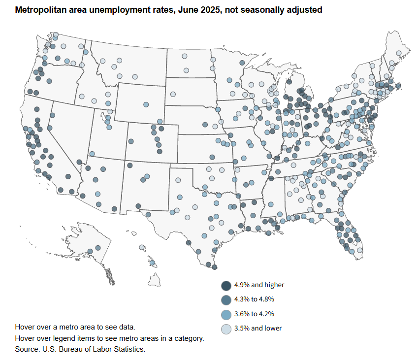 A data chart image of Unemployment rates higher in 217 metro areas from June 2024 to June 2025