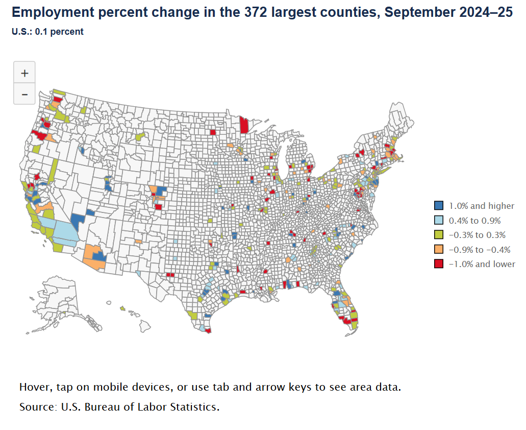 Employment increased in 167 of the 372 largest U.S. counties over the year ended September 2025
