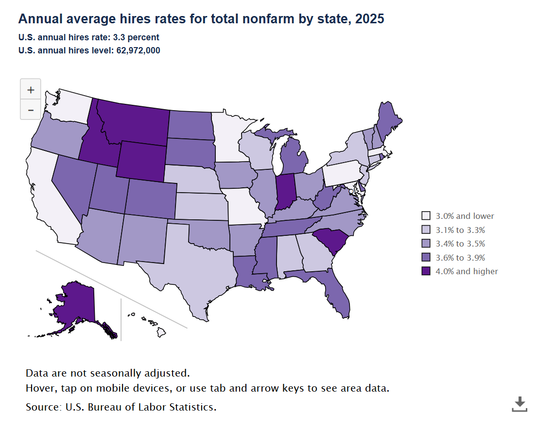 Map Showing Annual Average Hires Rates For Total Nonfarm By State, 2025.