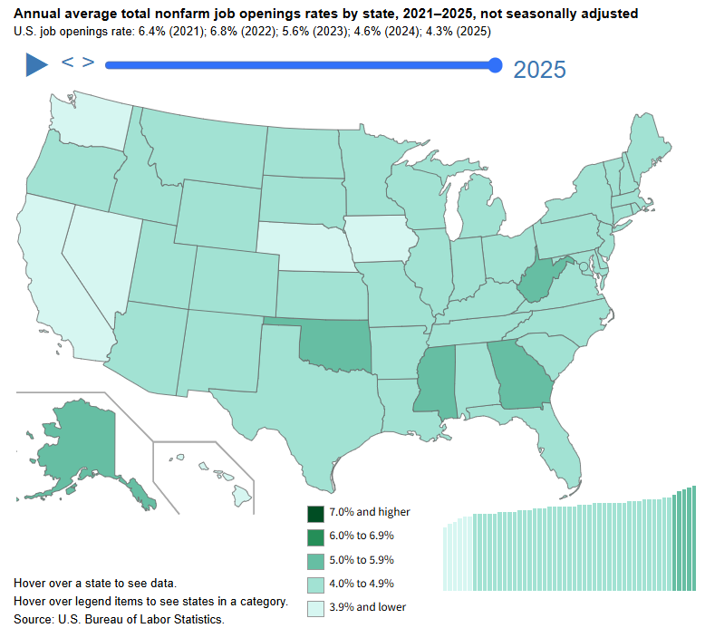 Annual Average Total Nonfarm Job Openings Rates (In Percent) By State, 2021–2025, Not Seasonally Adjusted