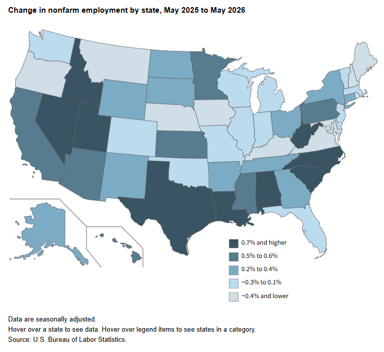 Interactive U.s. Map In Shades Of Blue, Showing The Change In Nonfarm Employment By State, May 2025 To May 2026