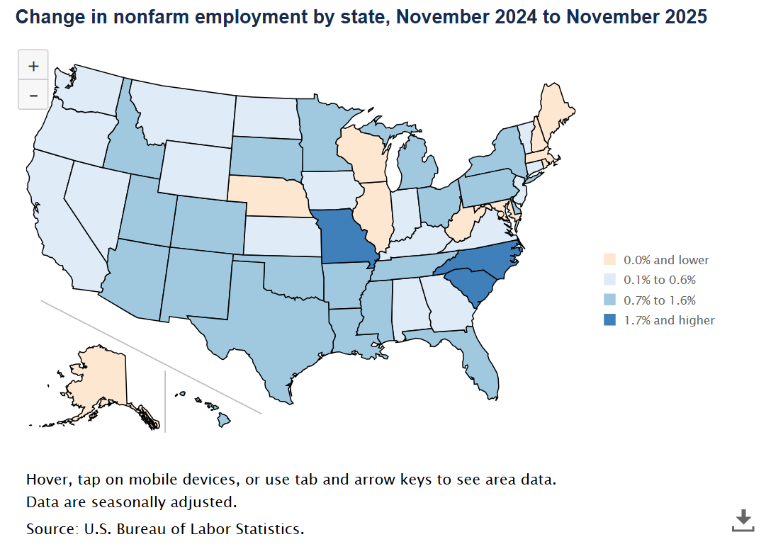 A data chart image of Nonfarm payroll employment up in 12 states from November 2024 to November 2025