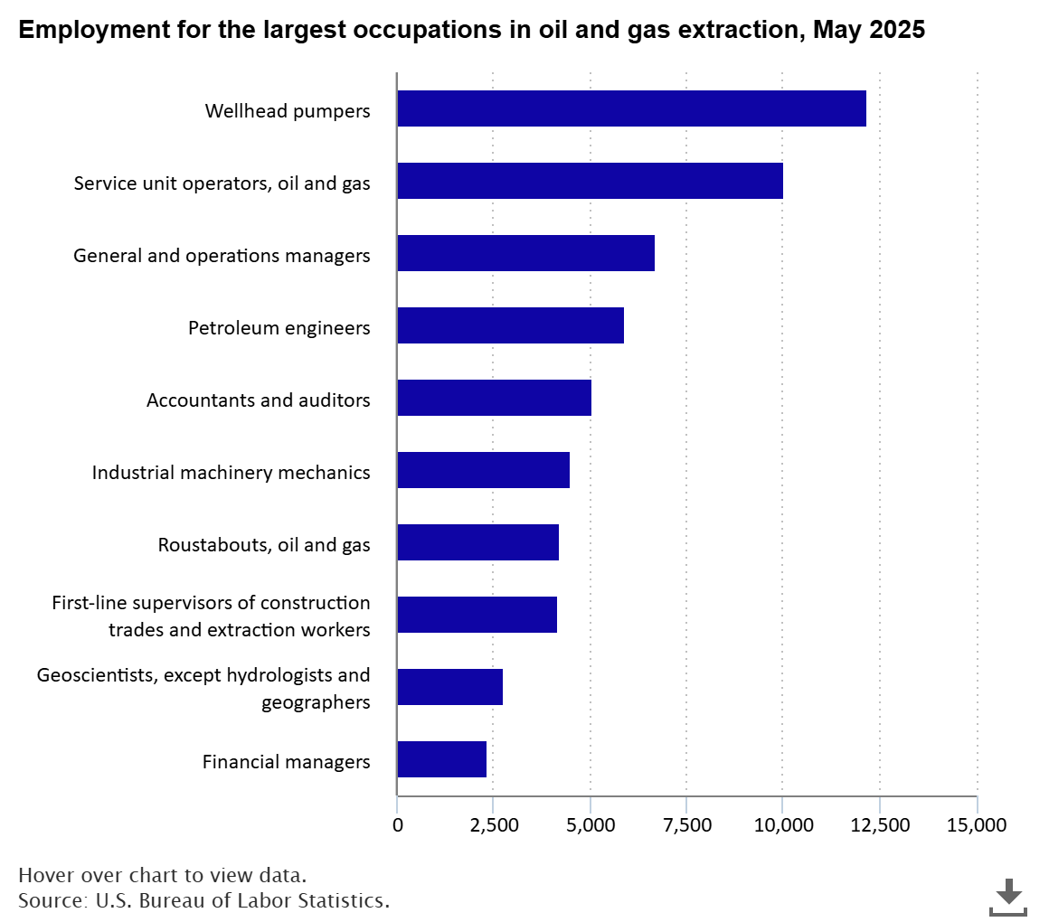 Bar Chart Showing Employment For The Largest Occupations In Oil And Gas Extraction, May 2025.