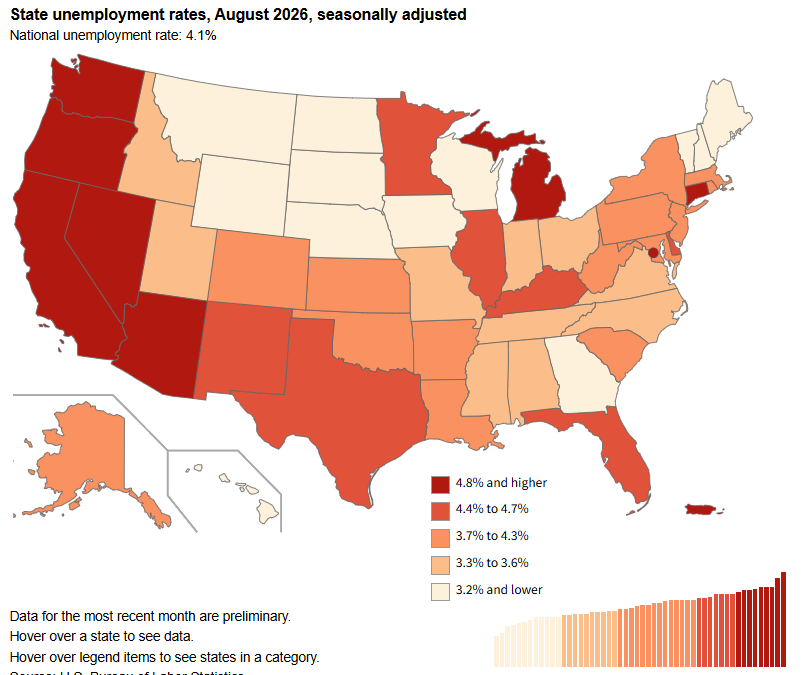 Interactive U.s. Map Of State Umeployment Rates, Seasonally Adjusted, August 2026