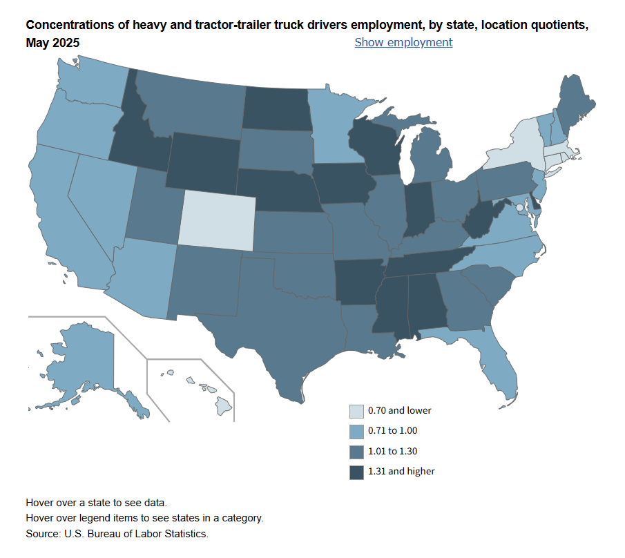 Map Showing Concentrations Of Heavy And Tractor-Trailer Truck Drivers Employment, By State, Location Quotients, May 2025.