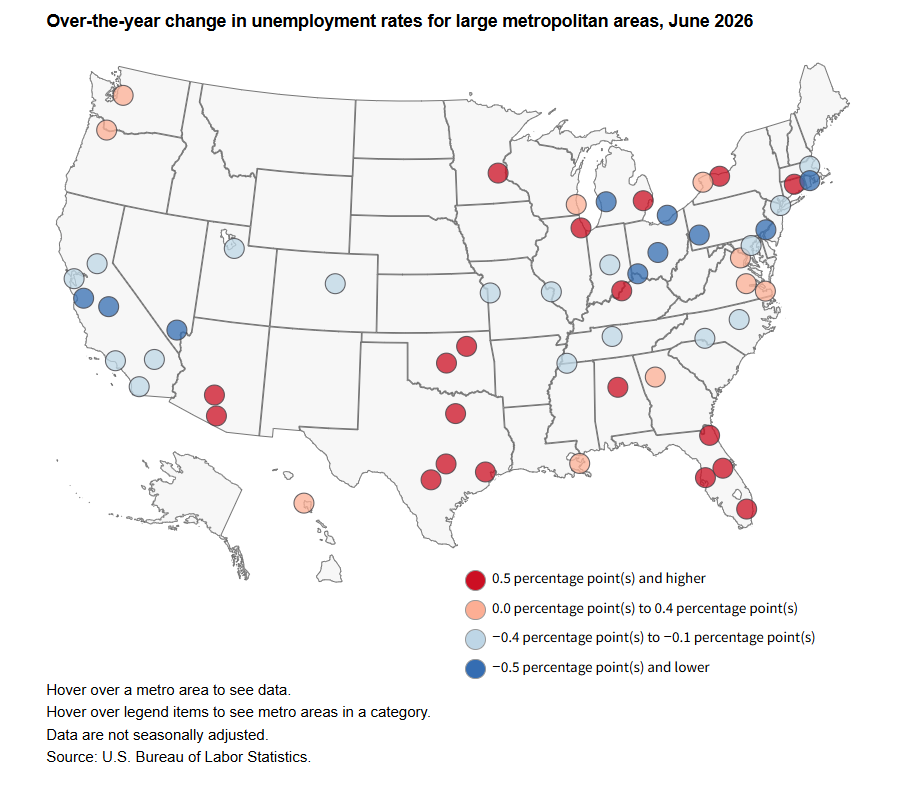Map Showing Over-The-Year Change In Unemployment Rates For Large Metropolitan Areas, June 2026.